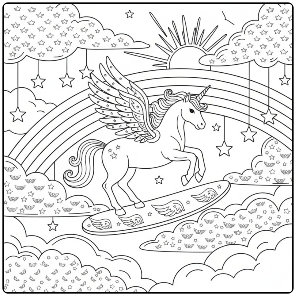 Magical Surfing Unicorn coloring page