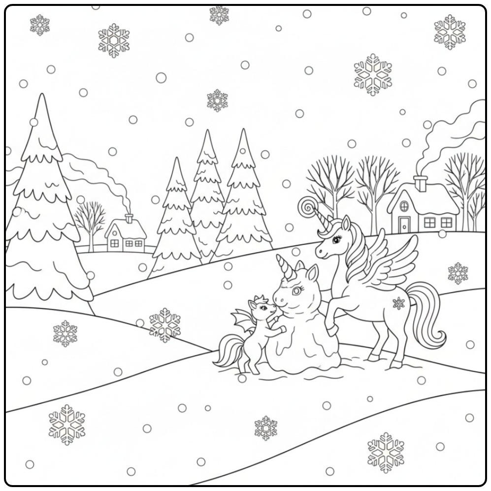 Magical Unicorn Winter Scene with Unicorns coloring page
