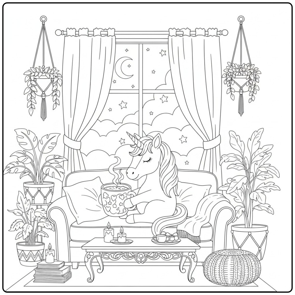 Beautiful Unicorn and Warm Drank coloring page