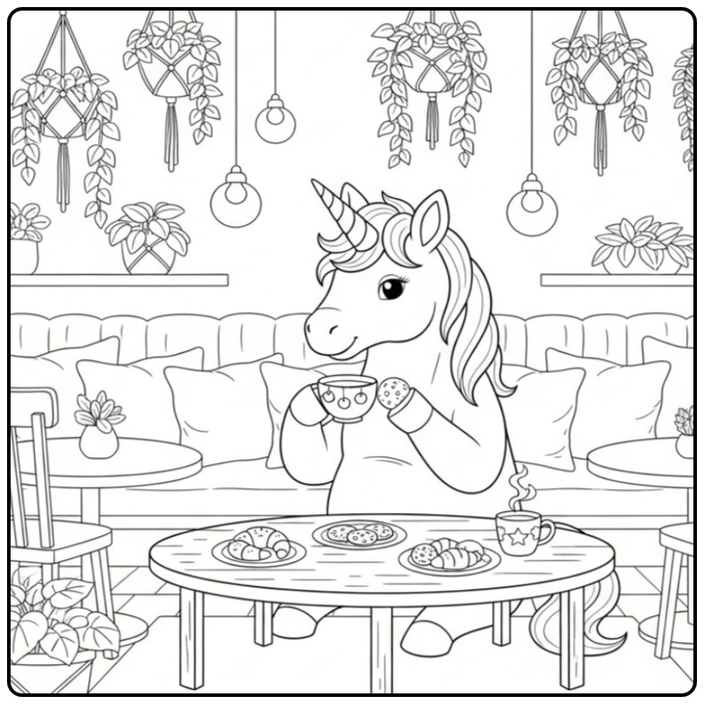 Exploring Unicorn in the Cafe coloring page