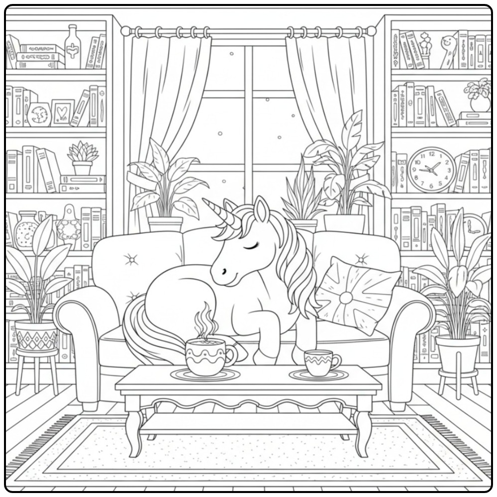 Relaxing Unicorn in Cozy Room coloring page
