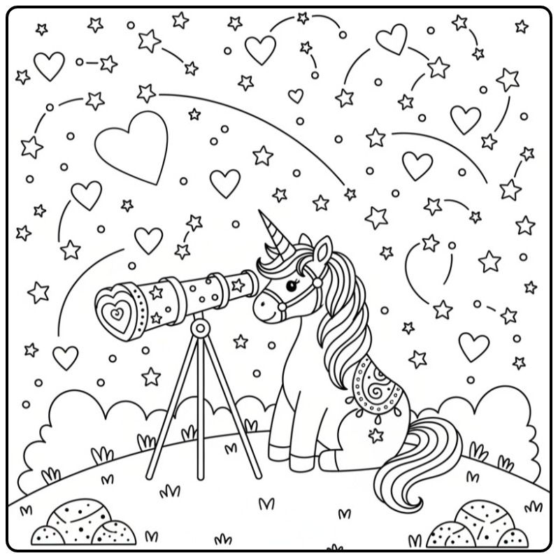 Printable Hearts with Unicorn and Telescope coloring page
