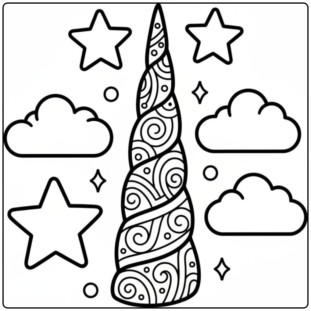 Unicorn Horn Stars Clouds and Dromen coloring page