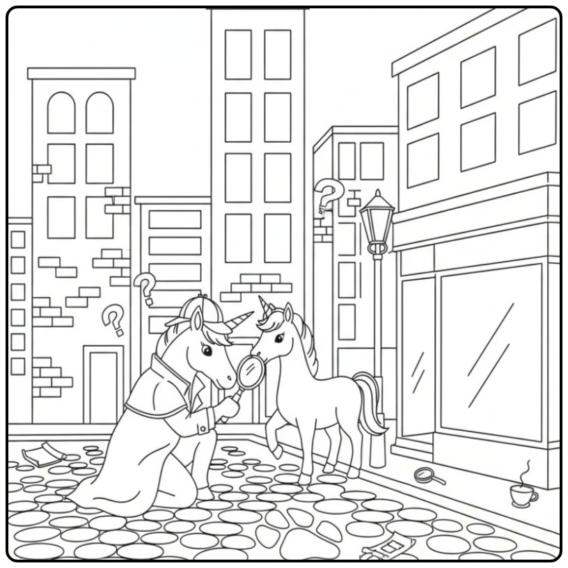 Unicorn Detective in the City coloring page