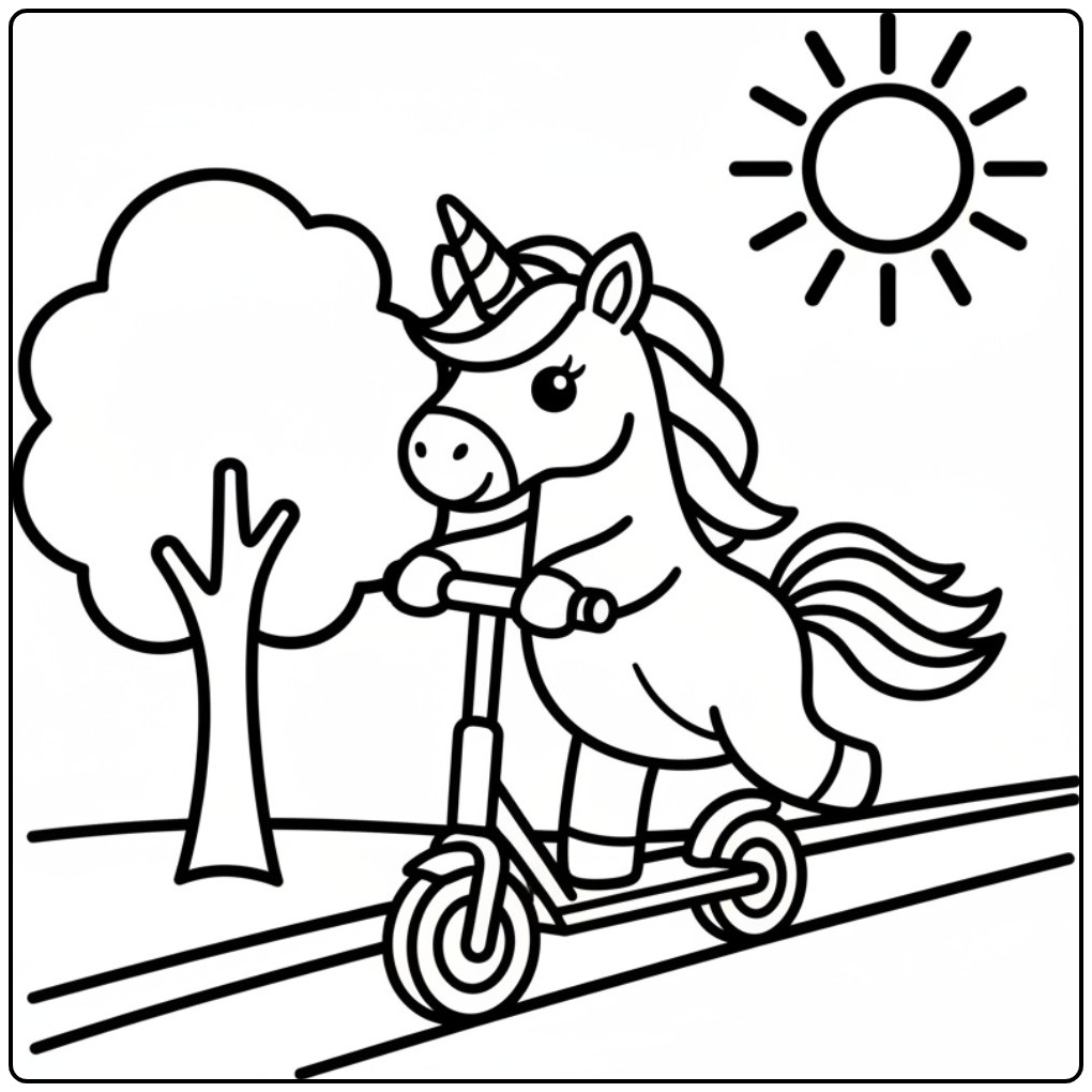 Unicorn Riding on a Scooter in the Sun coloring page