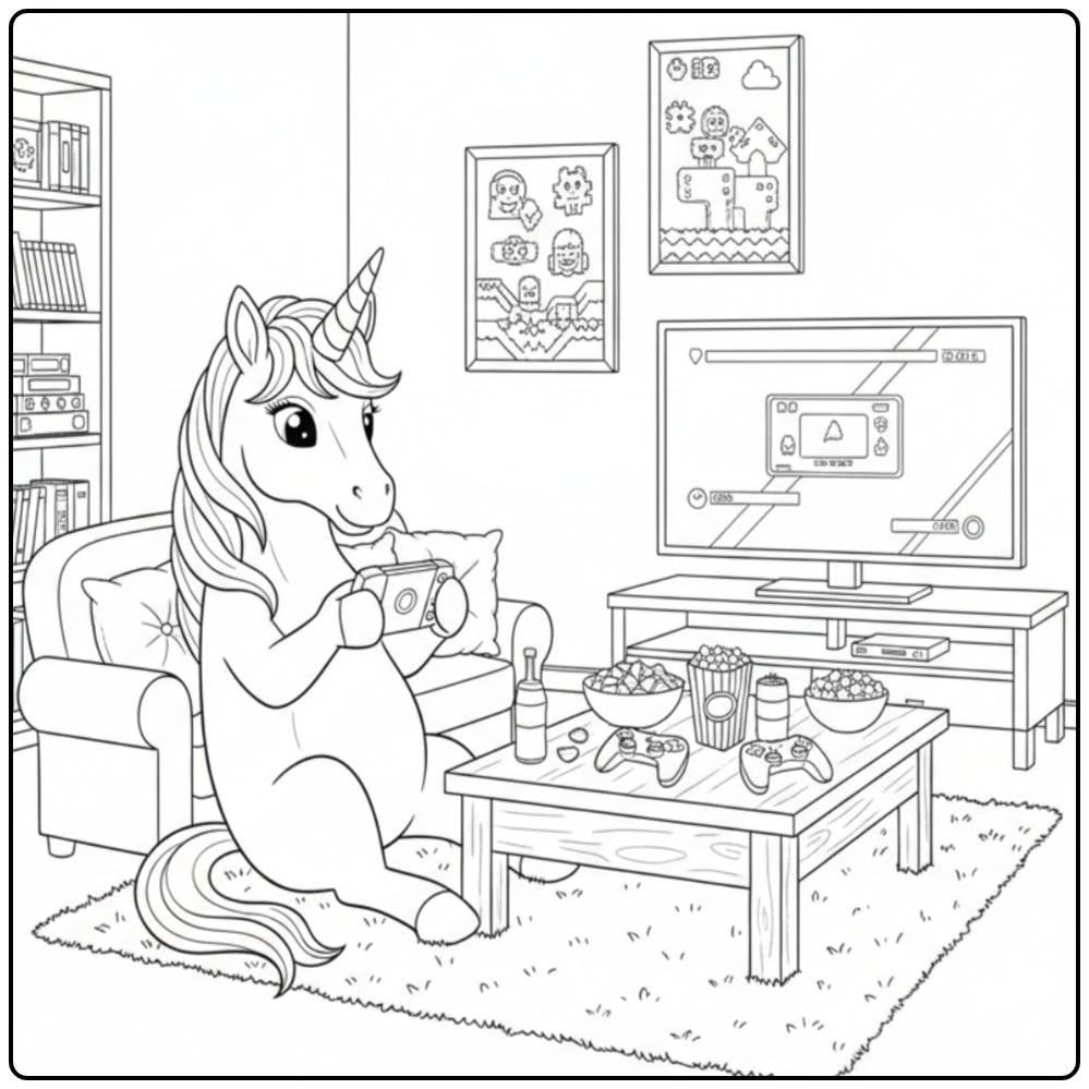 Gaming with Unicorn in Room coloring page