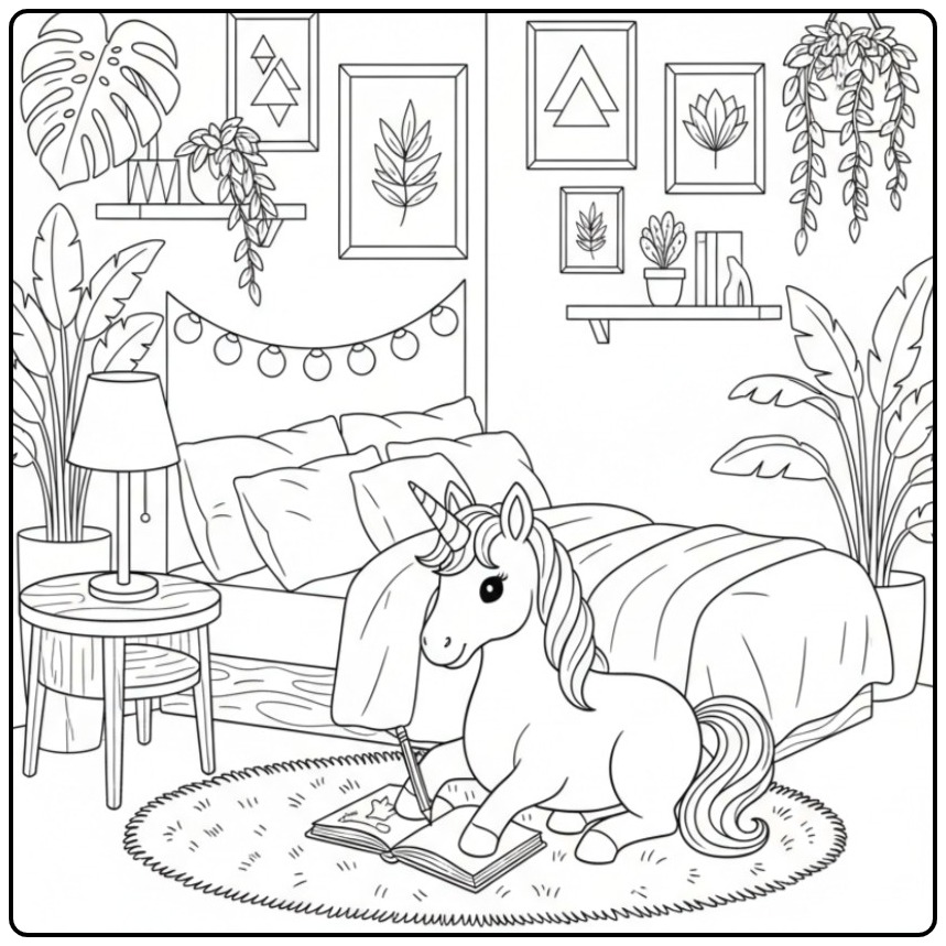 Unicorn in the Cozy Room coloring page
