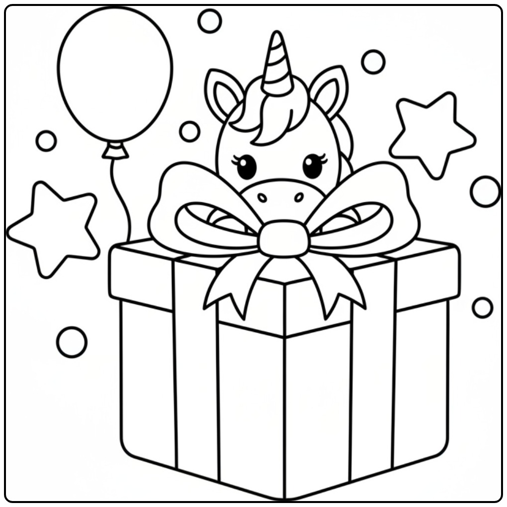 Unicorn Gift and Balloon Color Page coloring page