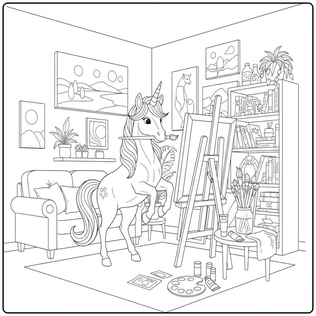 Unicorn Painting with Unicorns in Atelier coloring page
