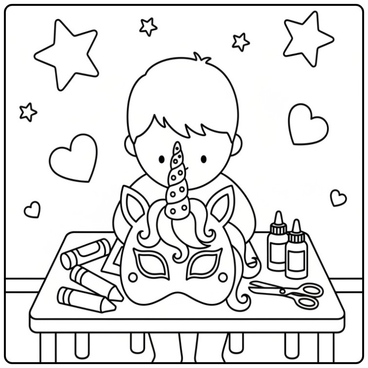 Unicorn Mask Crafting with a Boy coloring page