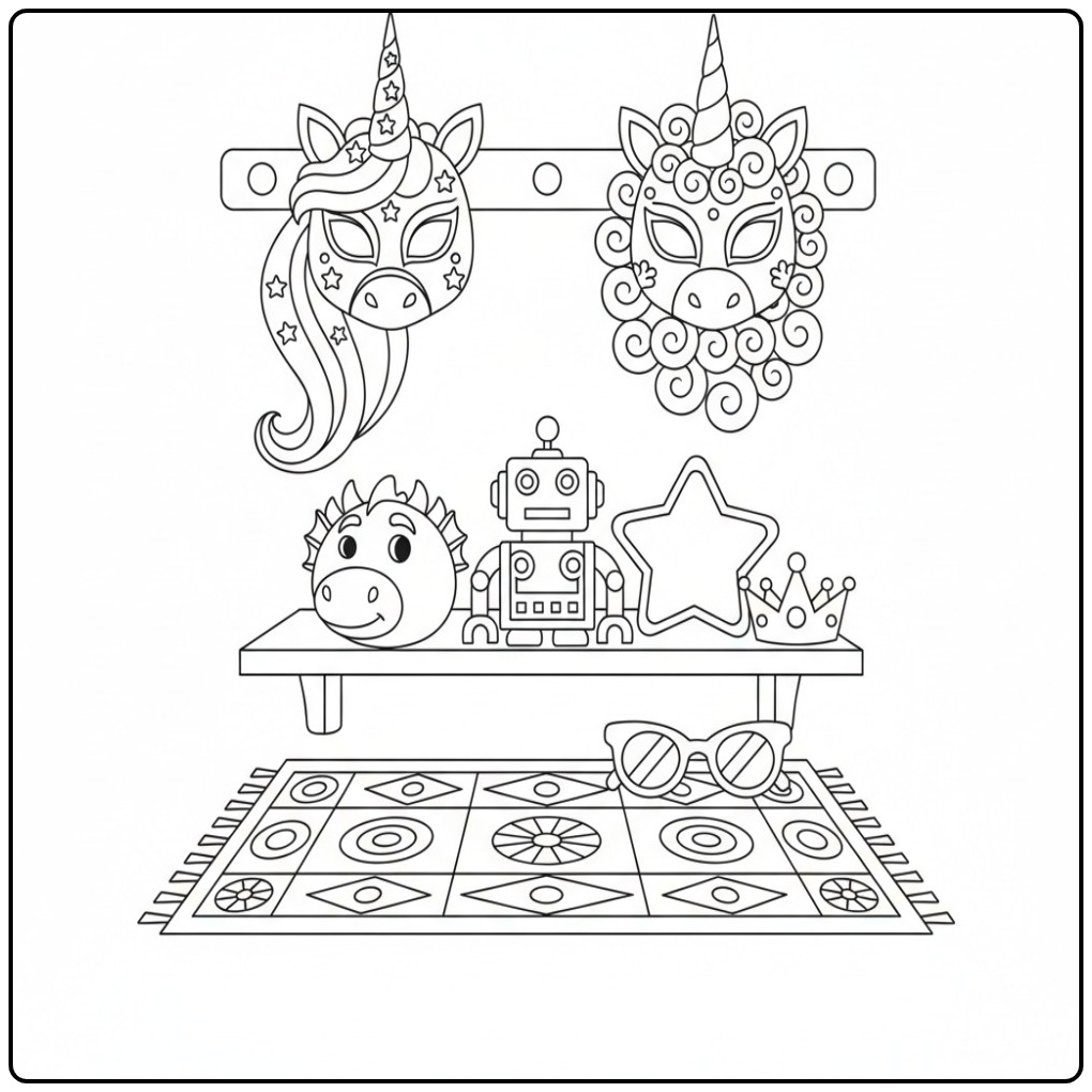 Unicorn Mask Toys and a Dress coloring page