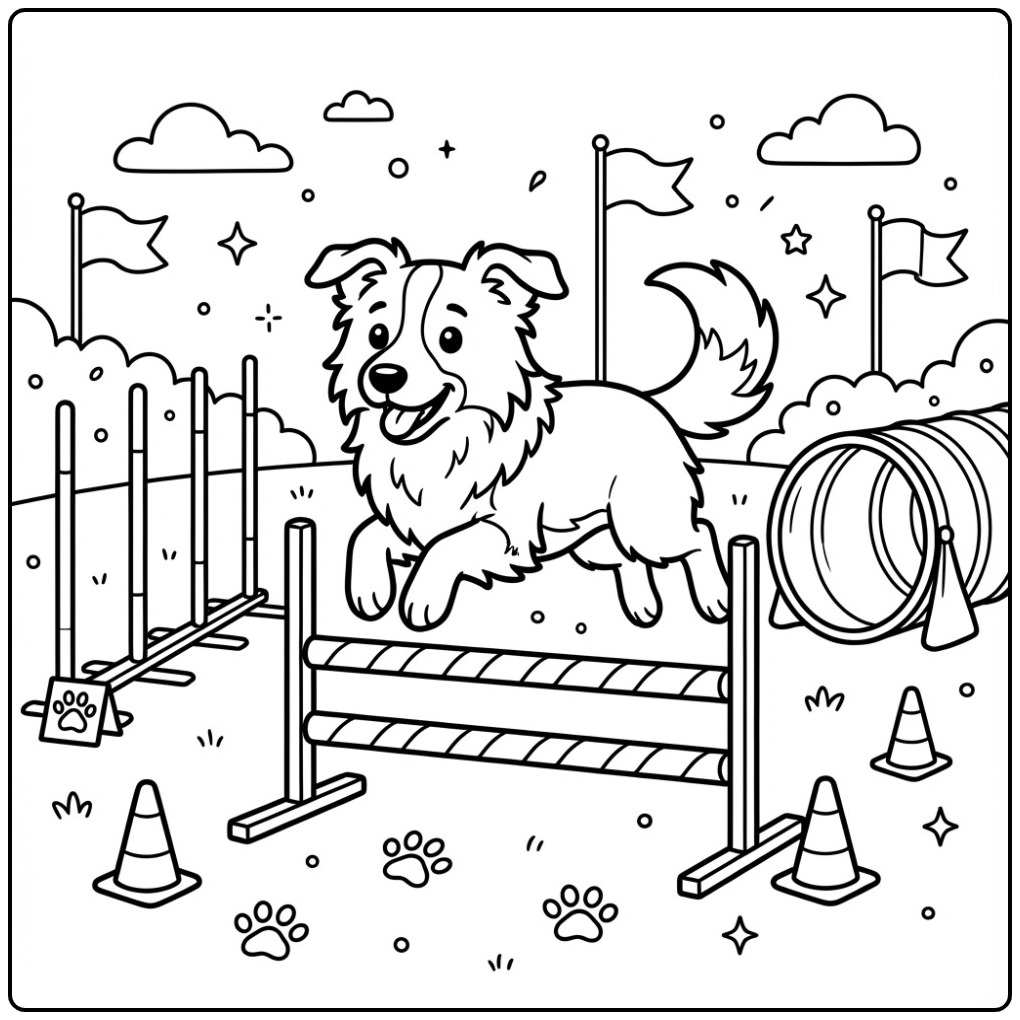 Border Collie Jumping on an Agility Course coloring page