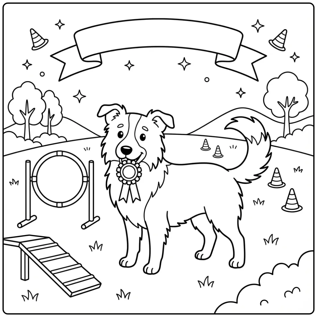 Border Collie with an Agility Medal coloring page