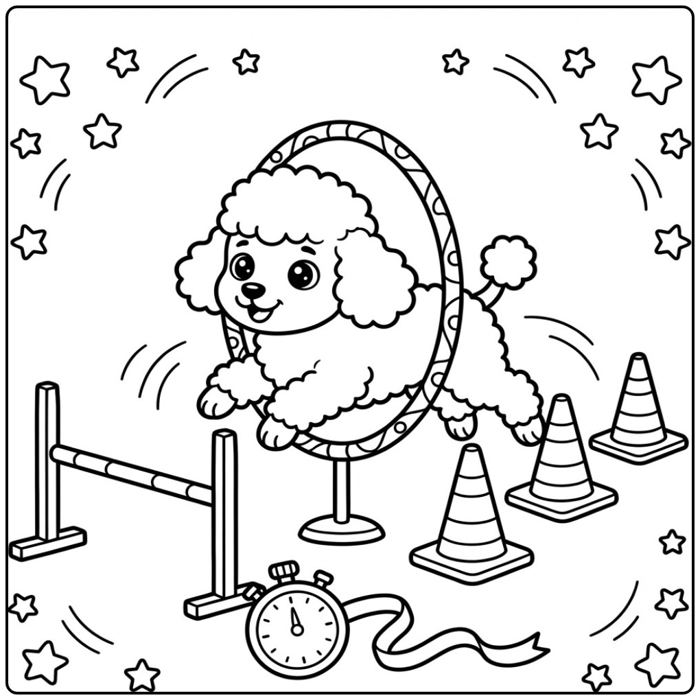Agility Training Poodle with Obstacles coloring page