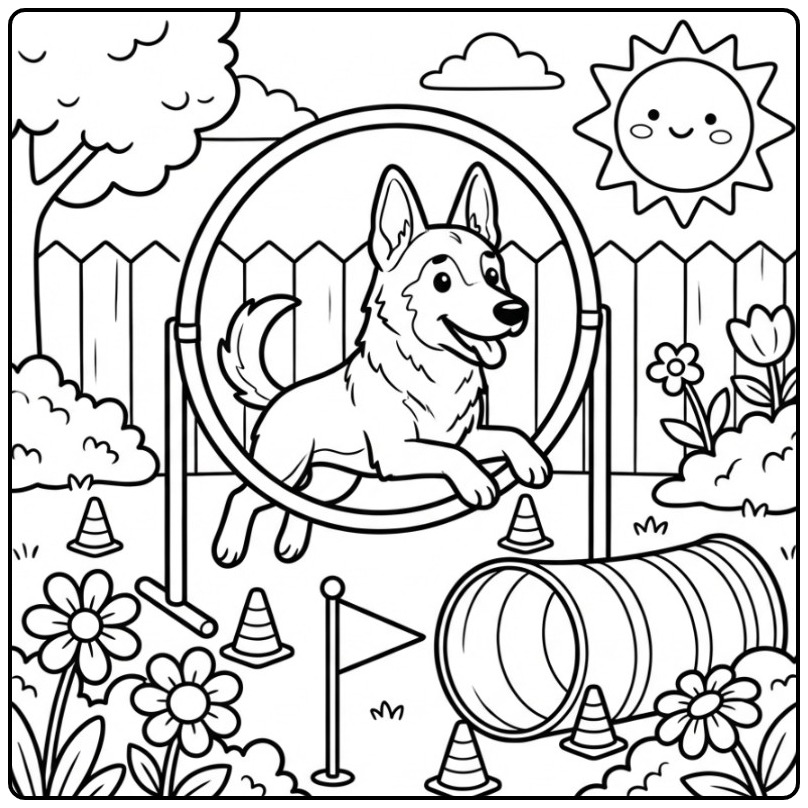 Belgian Malinois Jumping Through an Agility Hoop coloring page