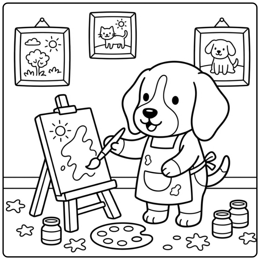 Artistic Beagle with a Apron and Penseel coloring page