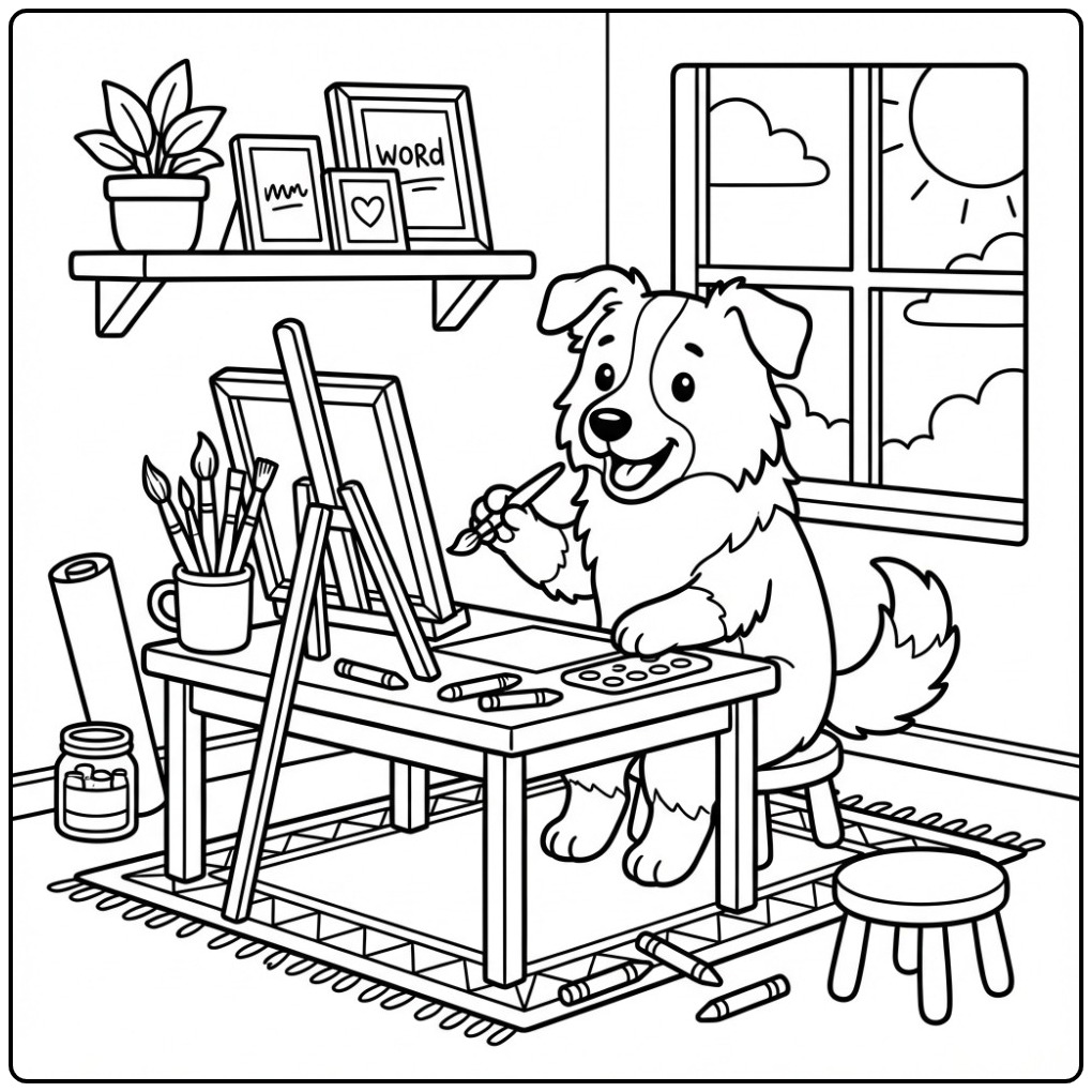 Border Collie Painting in an Art Studio coloring page