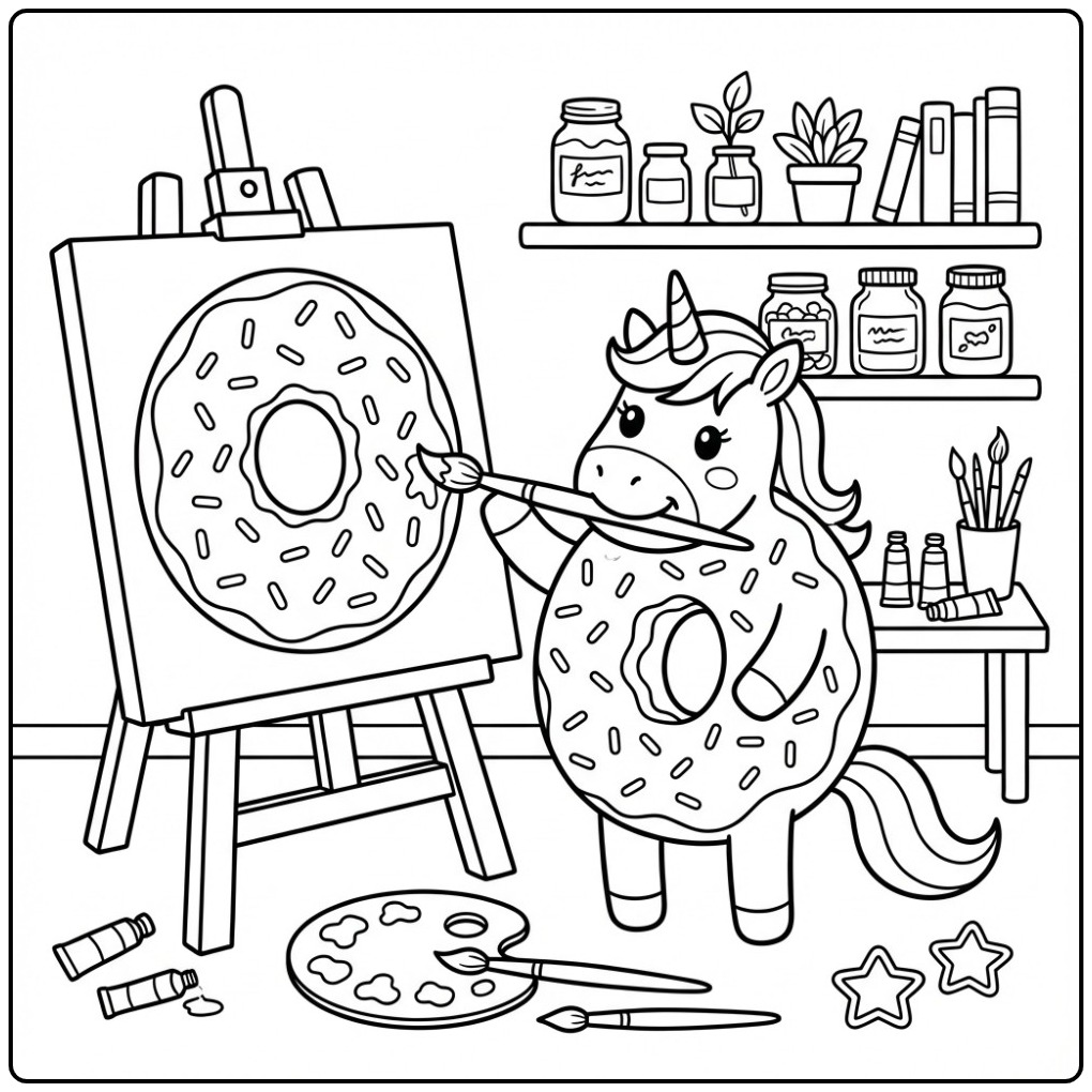 Artistic Donut Unicorn in a Art Studio coloring page
