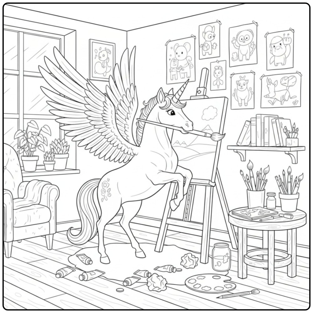Artistic Unicorn with Wings a Canvas Painting coloring page