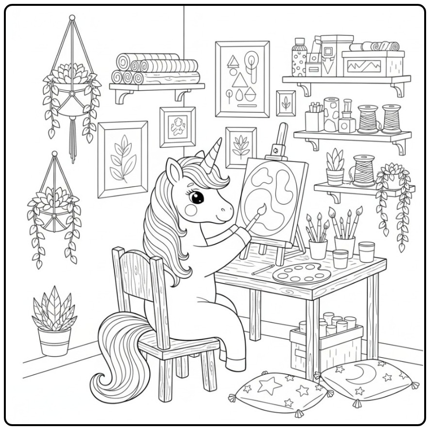 Artistic Unicorn Cute in a Schilderstudio coloring page