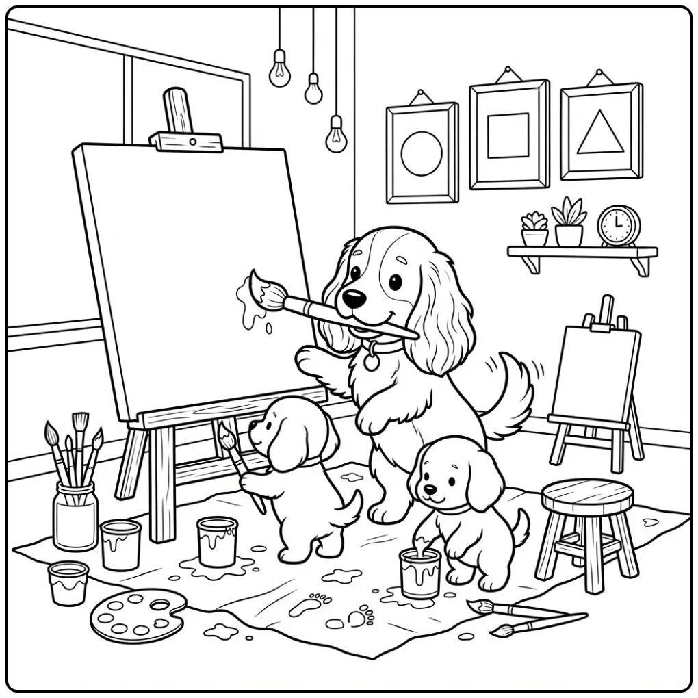Cocker Spaniel Teaching Puppies to Paint coloring page