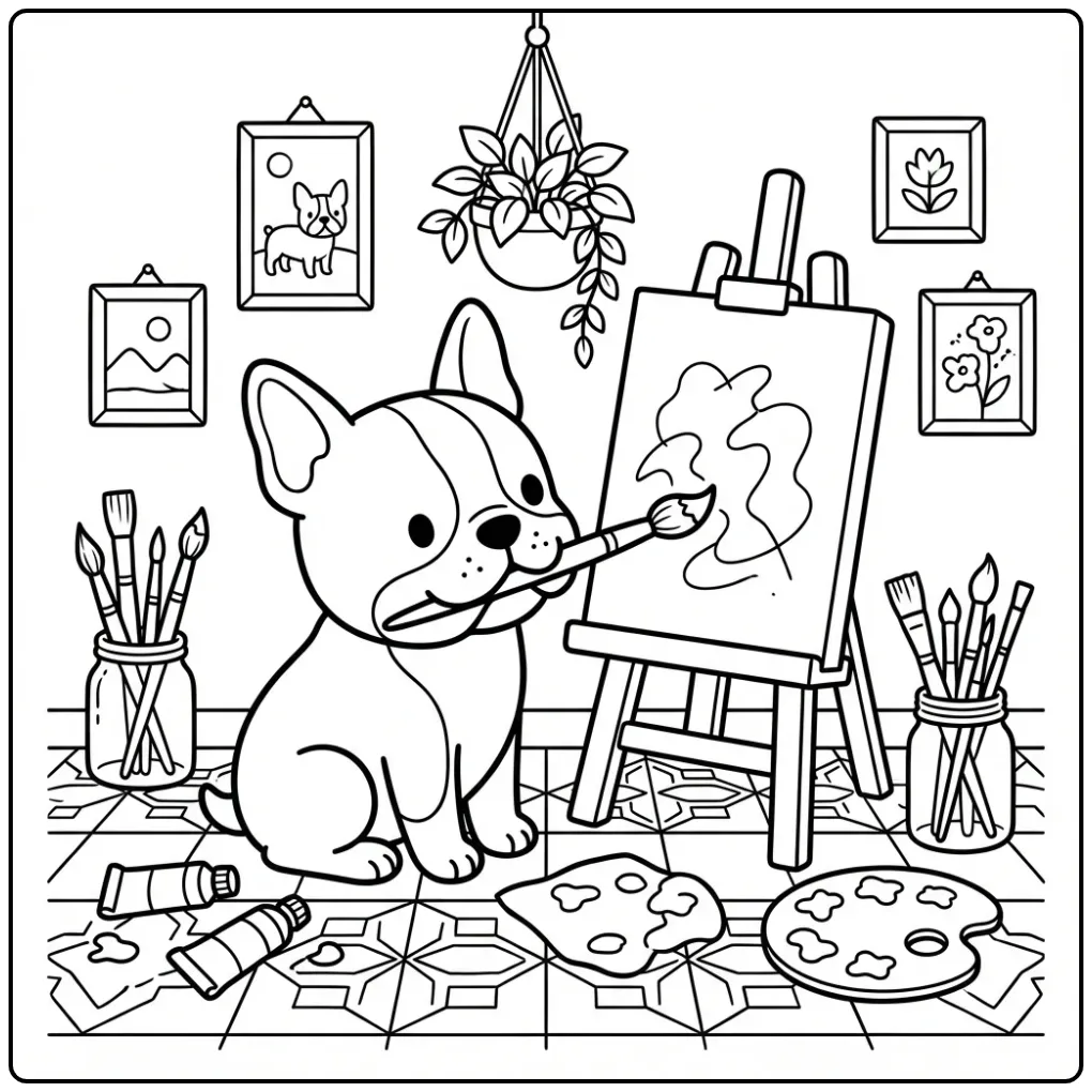Artistic Detailed Puppy with Easel coloring page