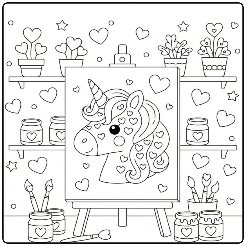 Artistic Unicorn Head with Hearts and Paint coloring page