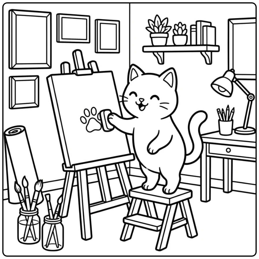 Cute Cat coloring page with a painting cat