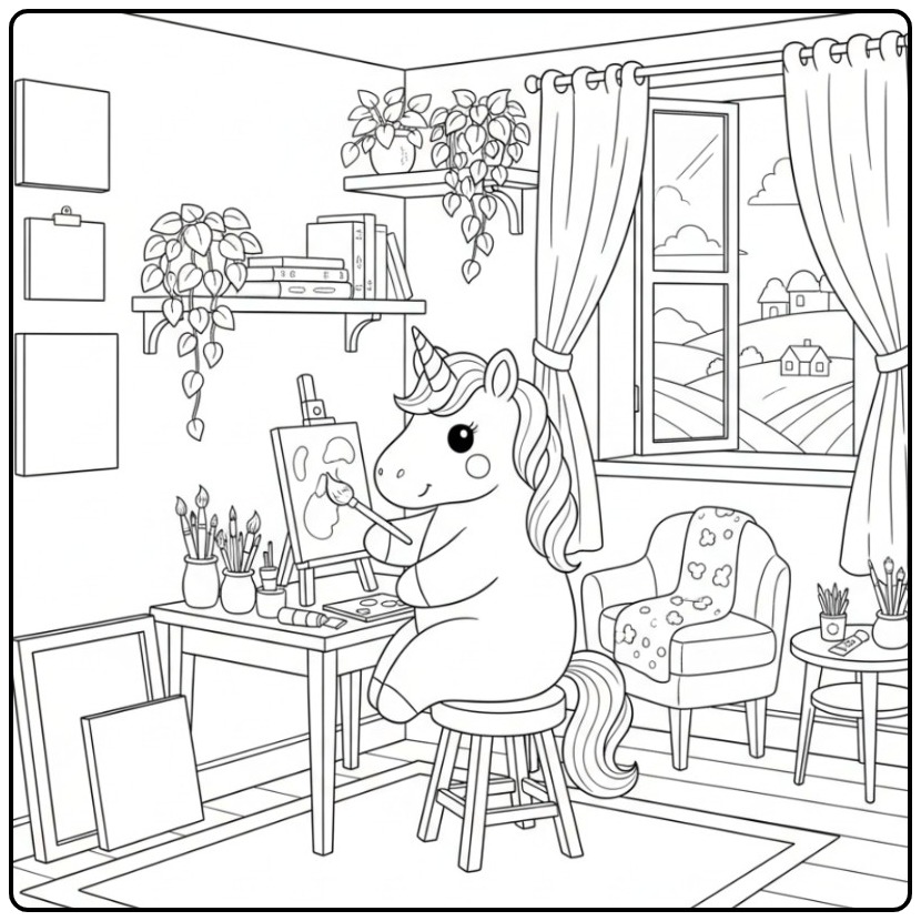 Artistic Unicorn Easy with Donkey and Paint coloring page