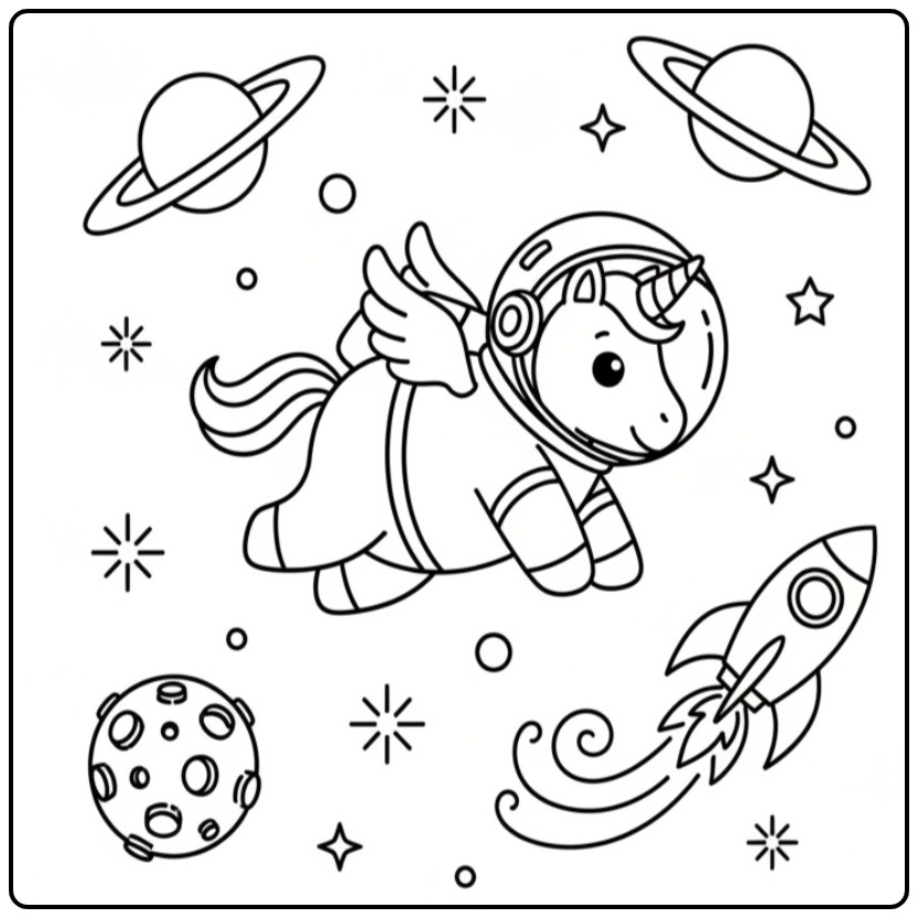Astronaut Baby Unicorn Floating Among the Planets coloring page
