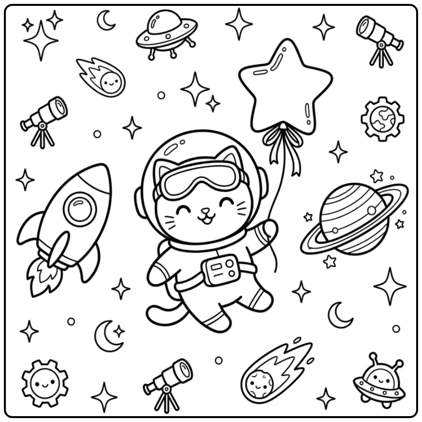 Kawaii Cat coloring page with rocket and star balloon