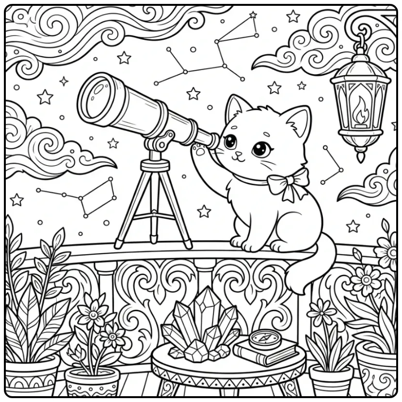Difficult Kitten coloring page with a telescope and stars
