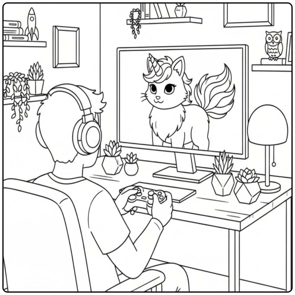 Adventure in Video Game with a Unicorn Cat coloring page