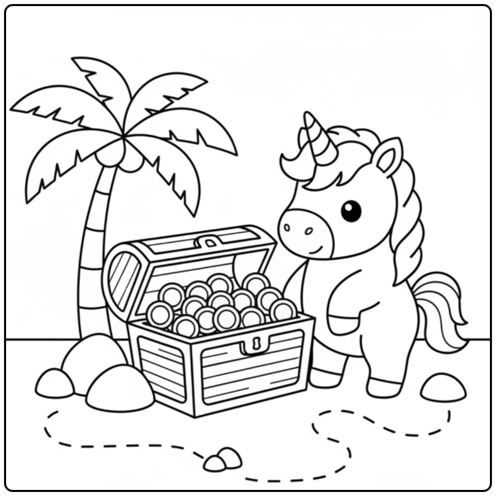 Adventurous Baby Unicorn a Palm Tree coloring page
