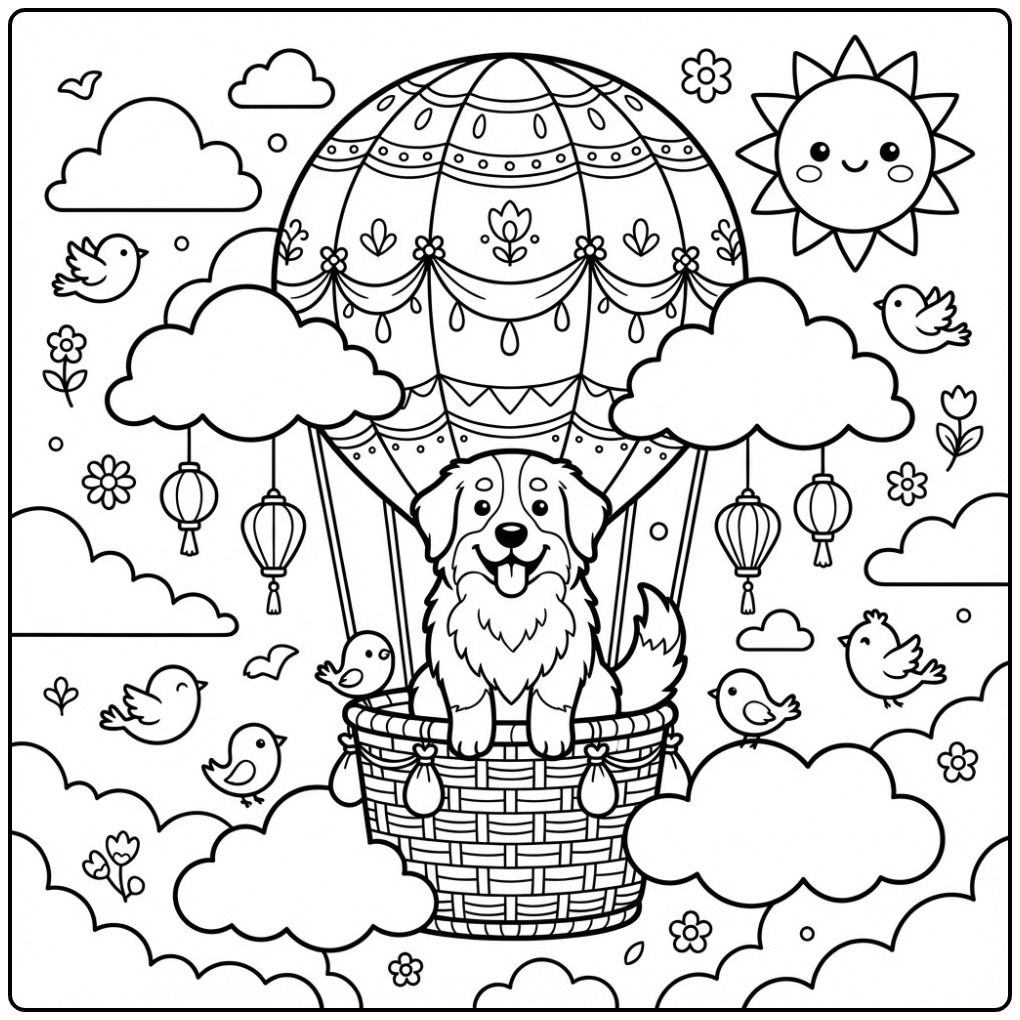 Bernese Mountain Dog Riding in a Hot Air Balloon coloring page