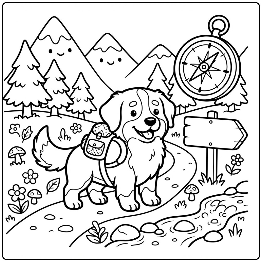 Bernese Mountain Dog Puppy on a Hiking Trail coloring page