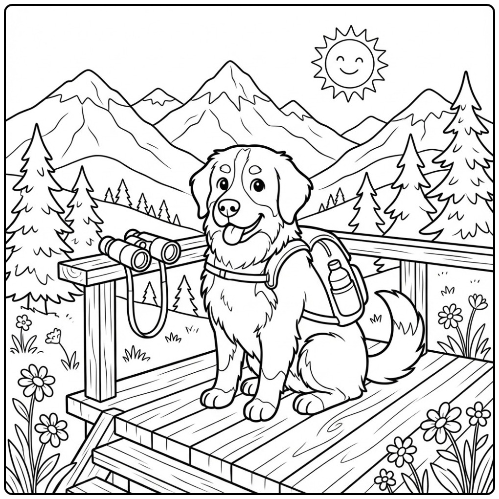 Bernese Mountain Dog on a Mountain Lookout coloring page