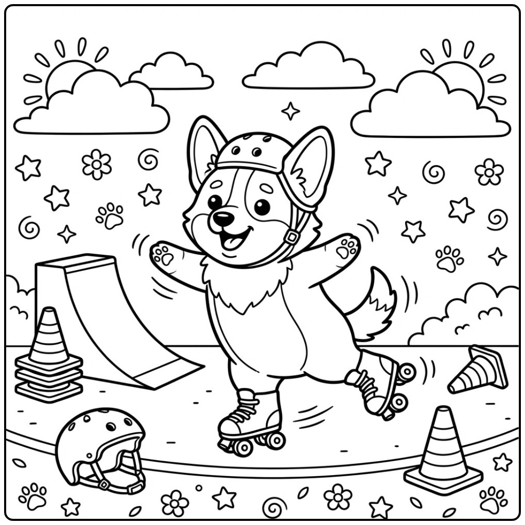 Corgi Roller Skating in a Skate Park coloring page