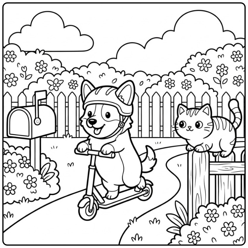 Corgi Riding a Scooter with a Cat coloring page