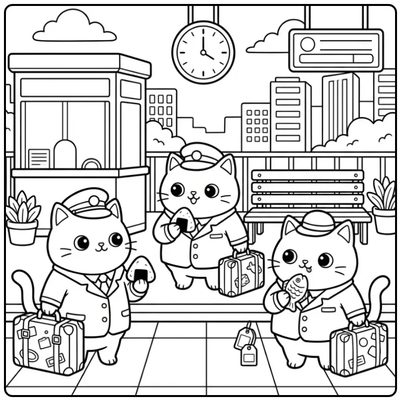 Adventurous Cats on a Train Platform with Luggage coloring page