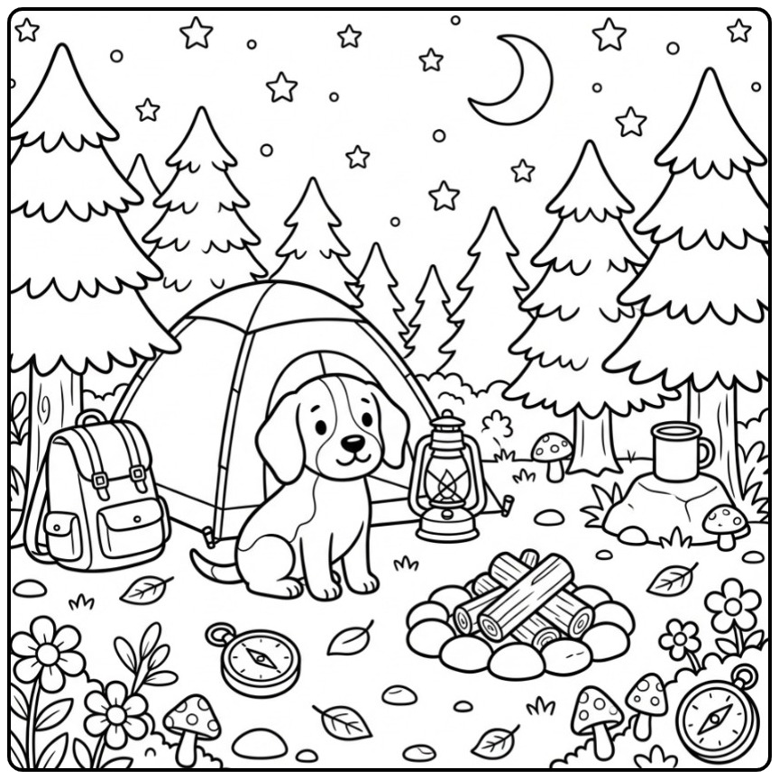 Adventurous Beagle with a Tent and Campfire coloring page