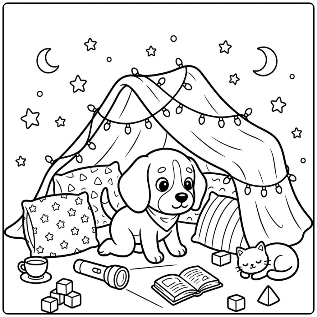Adventurous Beagle Indoors Camping with Friends coloring page