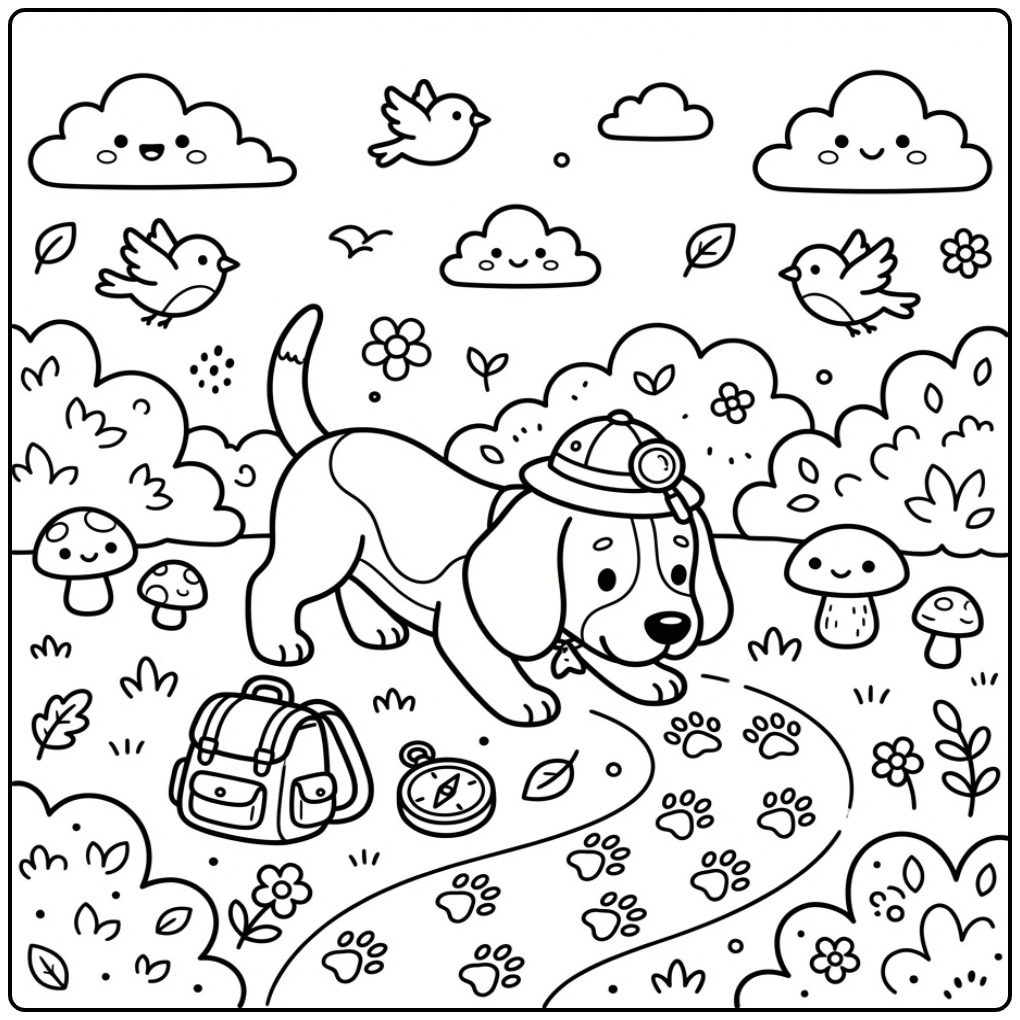Adventurous Beagle with Compass and Hat coloring page