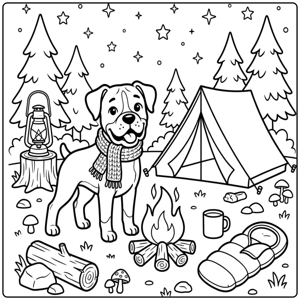 Adventurous Boxer Dog on the Camping coloring page