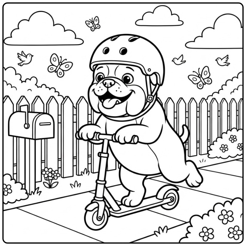 Bulldog Riding a Scooter with a Helmet coloring page