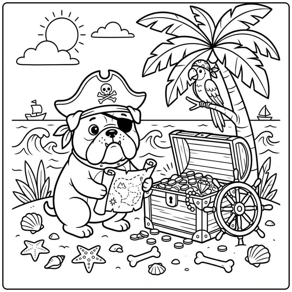 Bulldog Pirate Finding Treasure coloring page