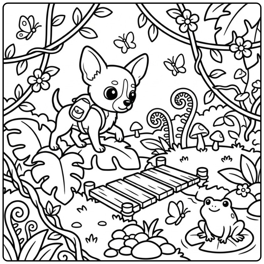 Adventurous Chihuahua Backpack with a Bridge coloring page