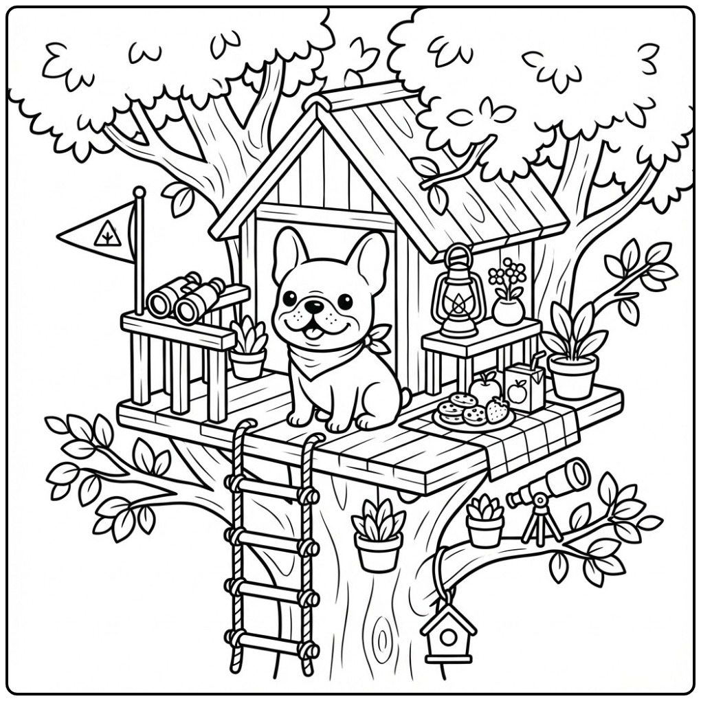 Adventurous French Bulldog in the Treehouse coloring page