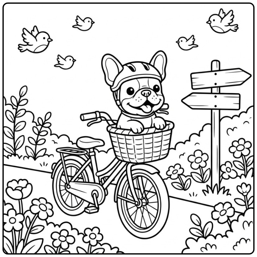 Adventurous French Bulldog on a Bicycle coloring page