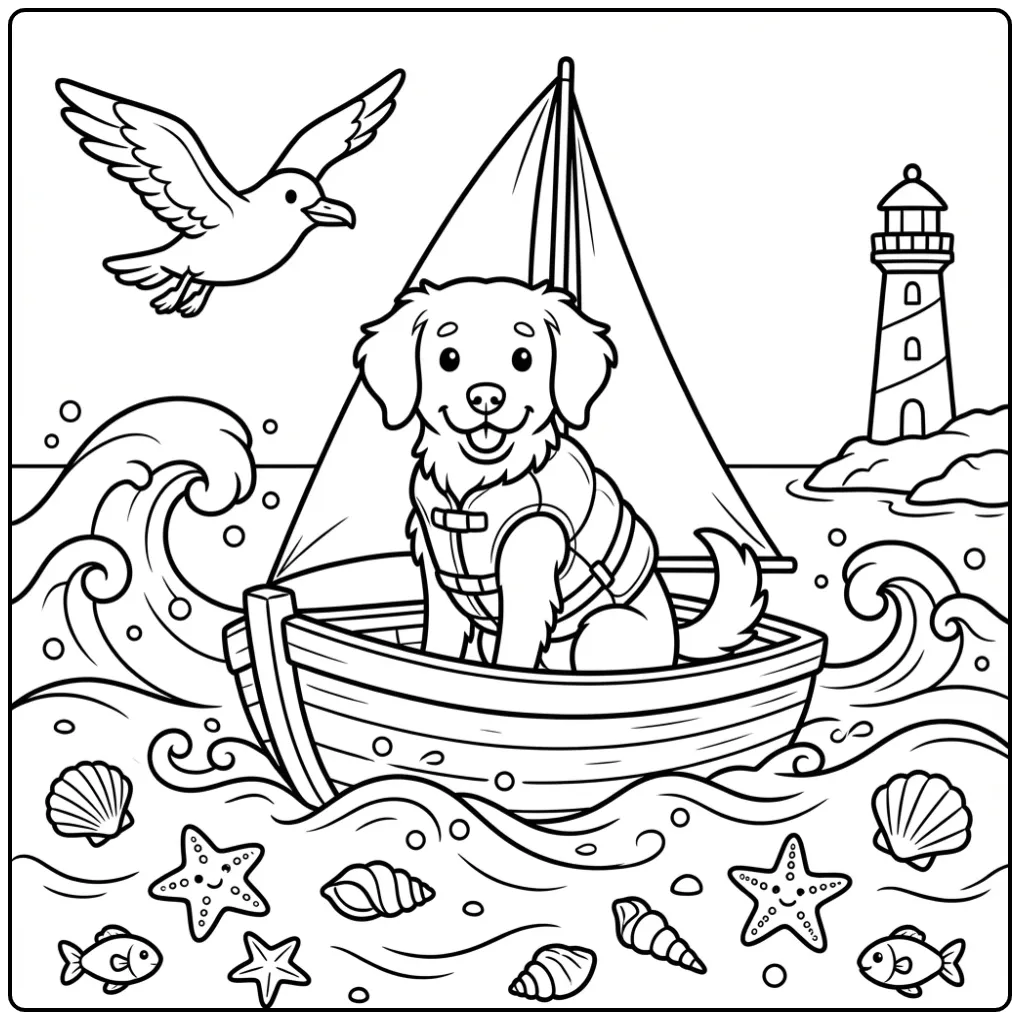 Frisian Stabyhoun coloring page with life vest on a boat